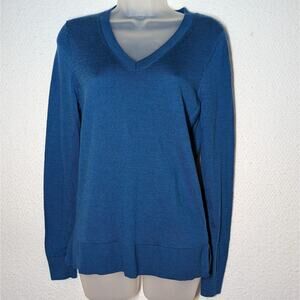 Katherine Barclay Women Size Small Extra Fine Merino Wool V-Neck Sweater Blue